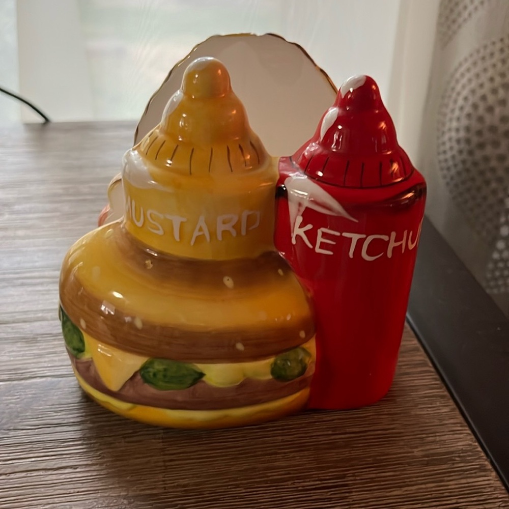 Vintage Napkin Holder Ketchup Mustard Burger Fries Ceramic Excellent Condition